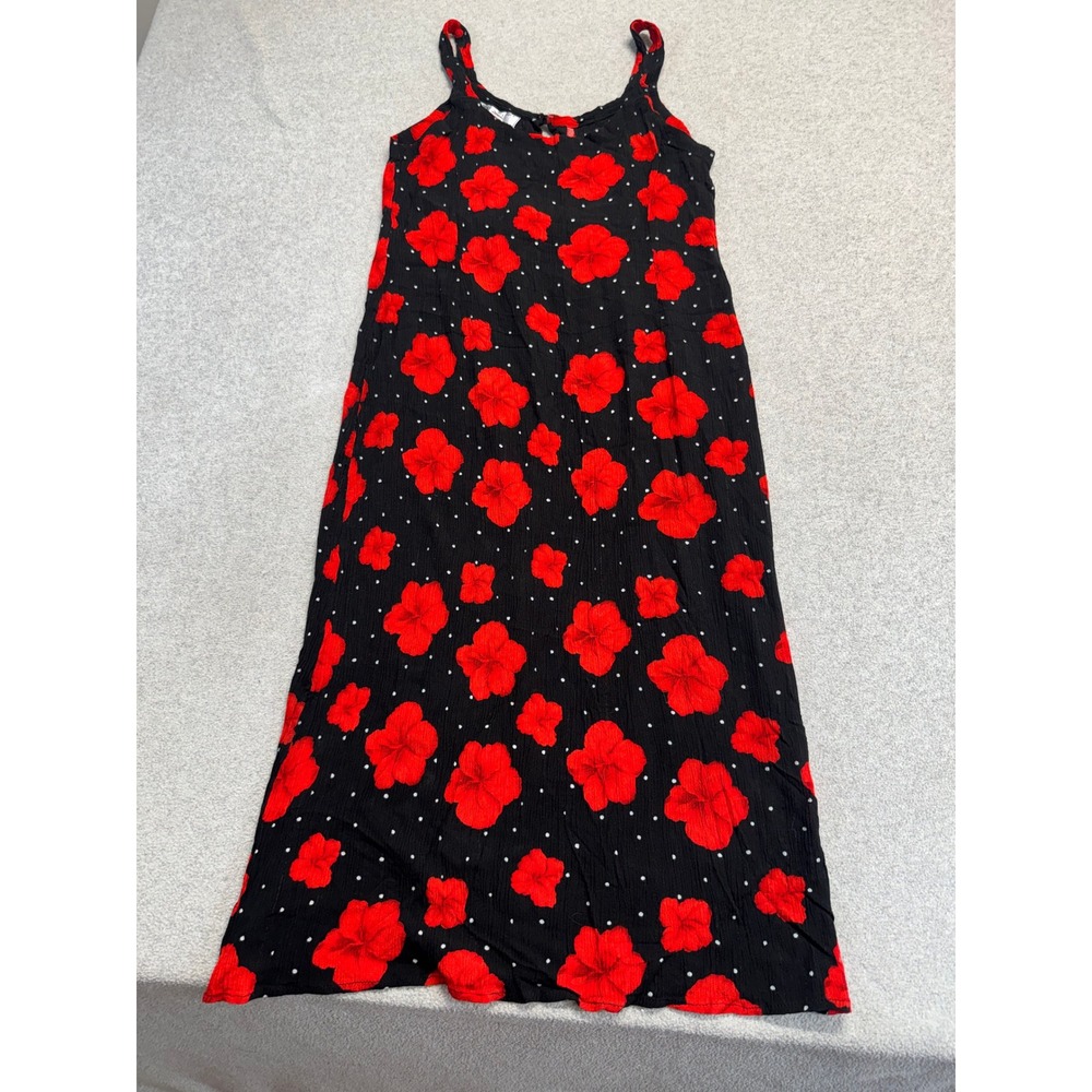 Vintage Black Red Floral Maxi Dress Small Crinkle Rayon Sleeveless Sundress Boho